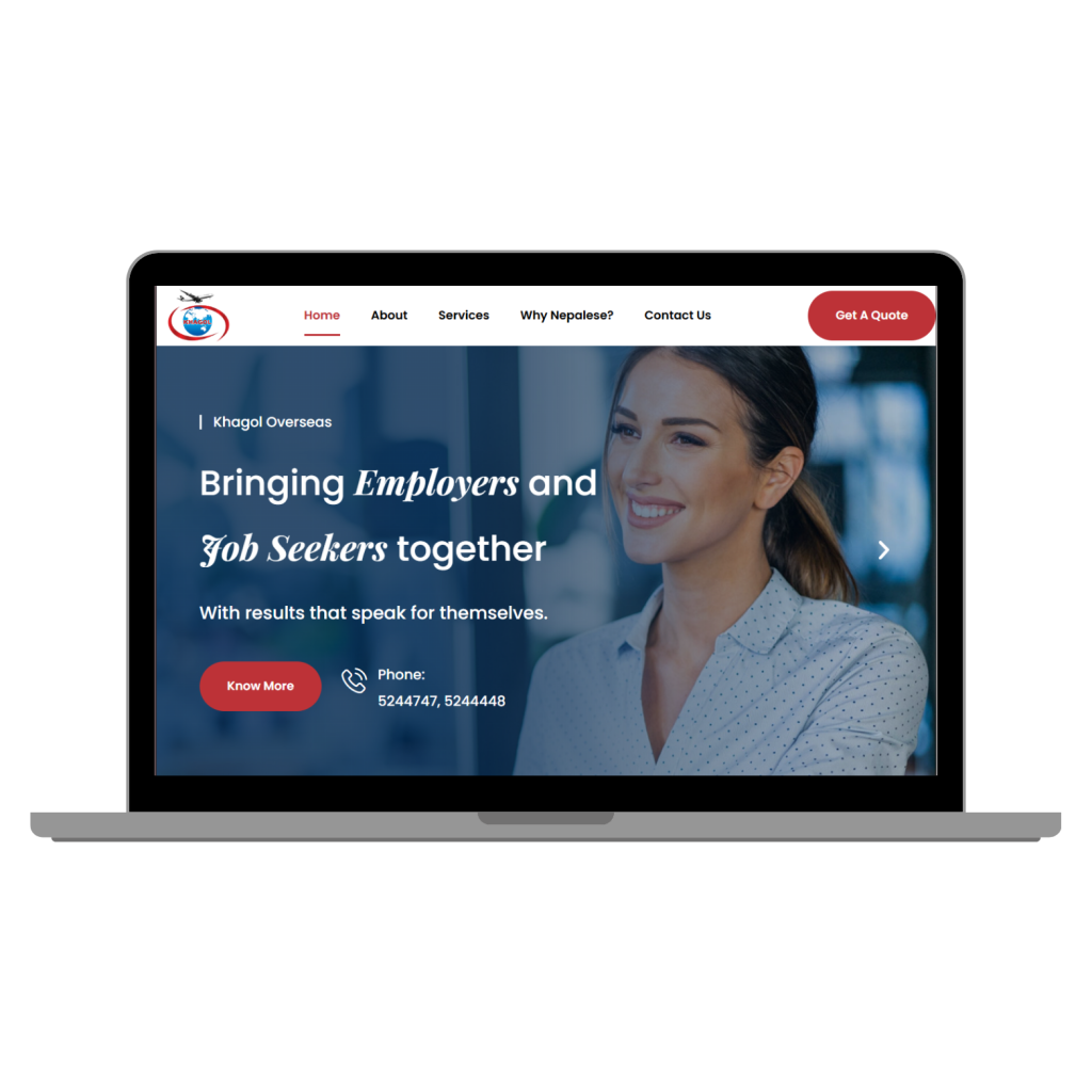 A laptop displaying the homepage of Khagol Overseas, featuring a professional woman and text highlighting services connecting employers and job seekers.
