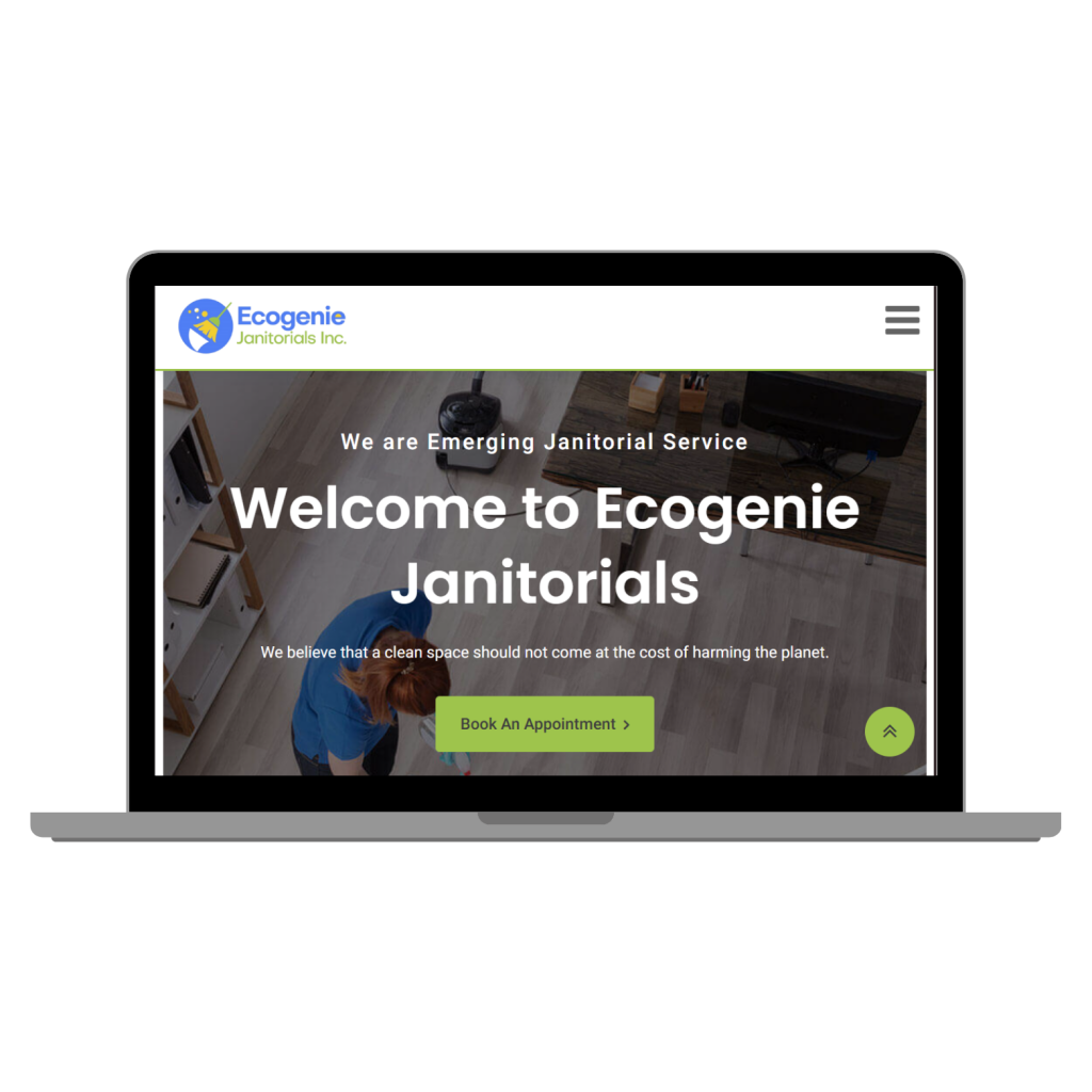 A laptop displaying the homepage of Ecogenie Janitorials, featuring the company logo and welcoming text about their eco-friendly janitorial services.