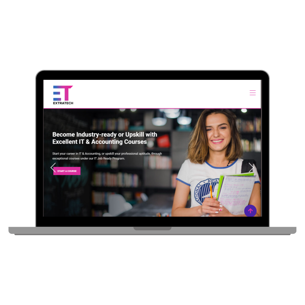 A laptop displaying a course promotion for IT and accounting training on the Extratech website, featuring a smiling woman holding notes.
