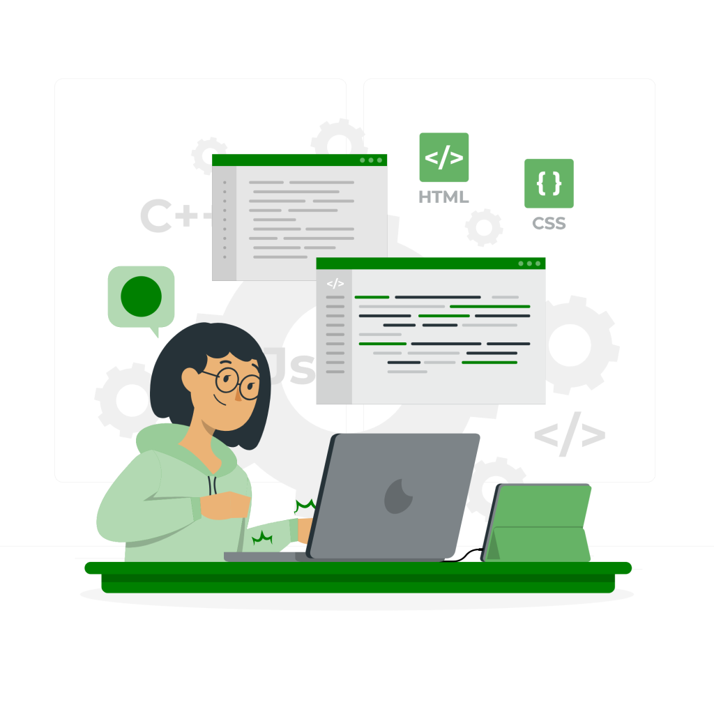 A developer working on programming code with symbols representing various languages like HTML, CSS, and C++, surrounded by coding elements.