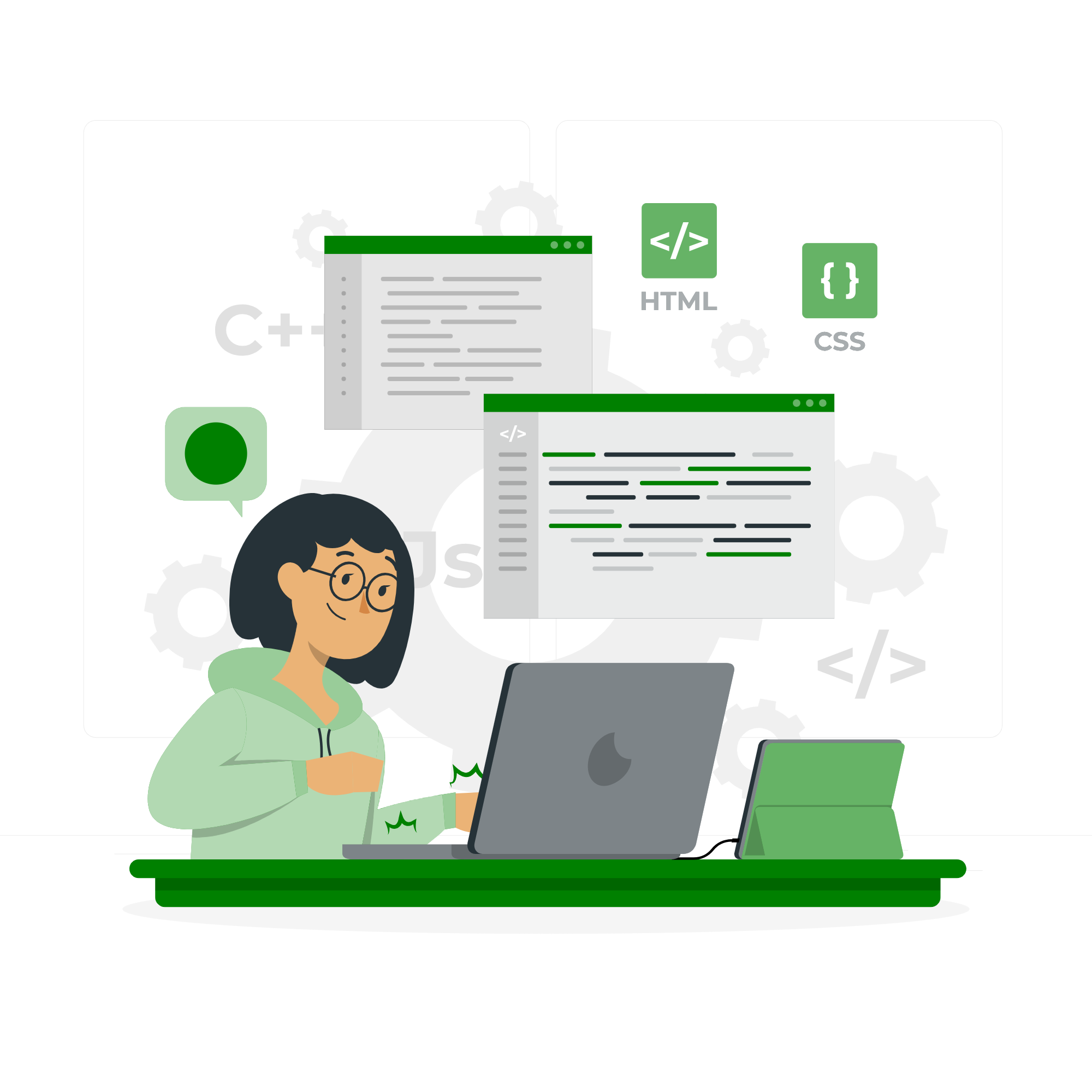 A developer working on programming code with symbols representing various languages like HTML, CSS, and C++, surrounded by coding elements.