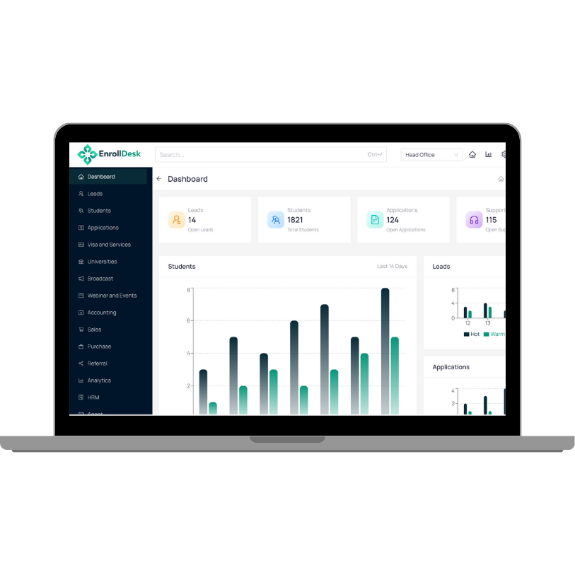 A laptop displaying the EnrollDesk dashboard, featuring metrics on leads, students, applications, and graphical data representations.