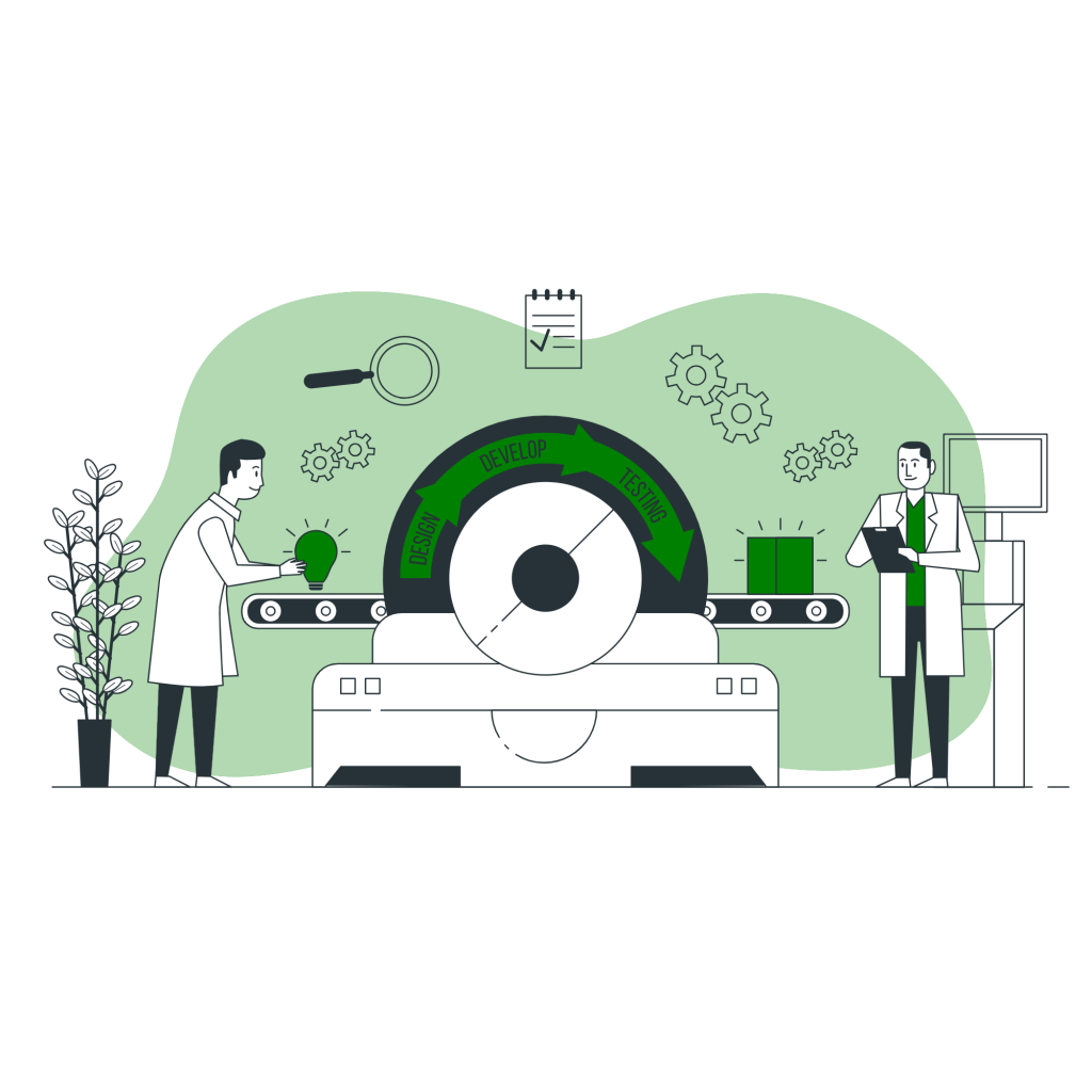 Illustration of two scientists working on a product development conveyor system, featuring stages labeled "Design," "Develop," and "Testing" amid gears and a plant.