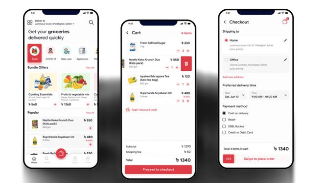 Screenshots of a grocery delivery app showcasing the shopping cart and checkout process, including items, prices, and payment options.