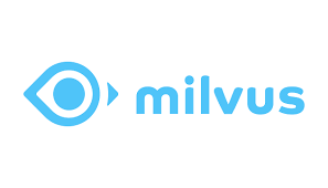 Stylized eye logo with the word 'milvus' in light blue font