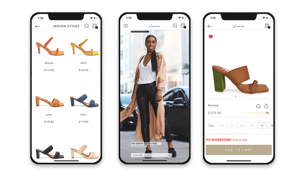 A display of a mobile shoe shopping app featuring woven styles, a model showcasing an outfit, and product details for a specific shoe.